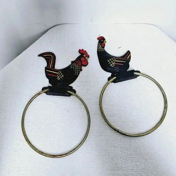 vintage rooster hen chicken round vintage towel bar iron - Picture 9 of 11